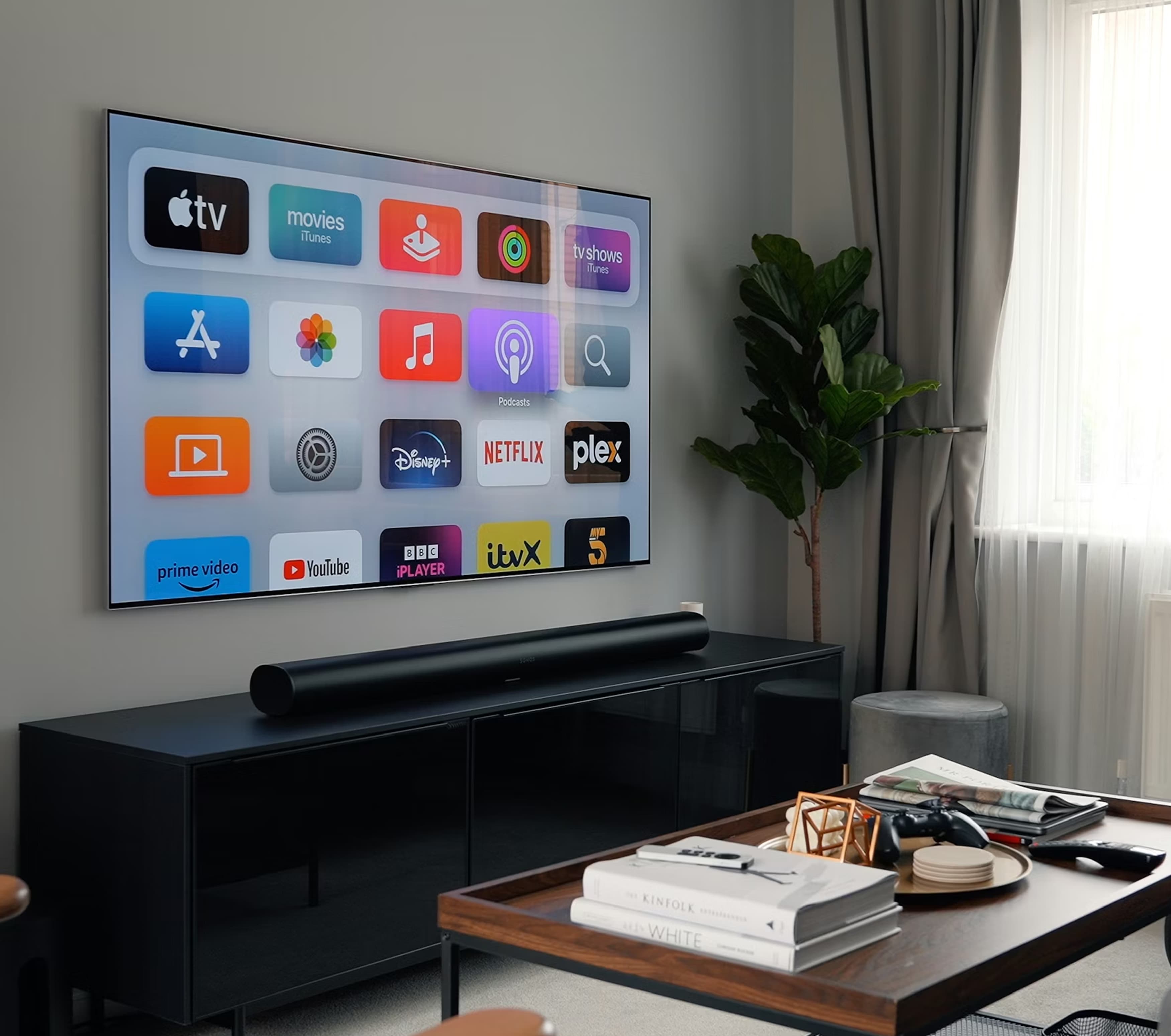 Smart TV in living room displaying streaming apps